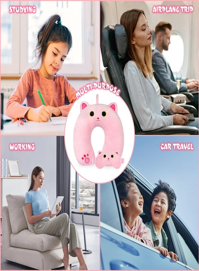 Prewplam Kids Neck Pillow for Travel, Cute Cat Neck Pillow with Eye Mask for Sleeping Journey, Soft U-Shaped Travel Pillow for Airplane Car (Pink) - Image 5