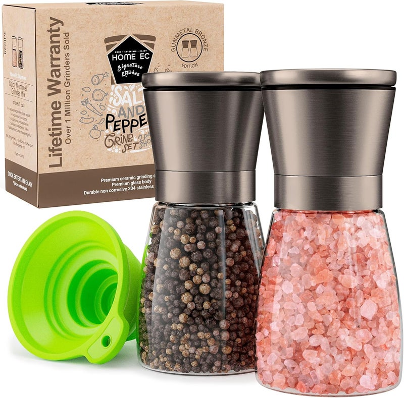 HOME EC Original Gun Metal Bronze Salt and Pepper Grinder Set of 2 - Adjustable Ceramic Grinder - Glass Salt and Pepper Shakers With Funnel and Ebook - Spice Mill - Bronze Kitchen Accessories - Image 1