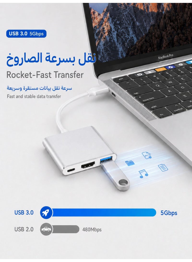 زابلين  محول USB C ثلاثي في واحد بقدرة توصيل 100 واط وUSB 3.0 وHDMI بدقة 4K لجهاز MacBook Pro من عامي 2022-2016، وMac Air الجديد، وSurface، وChrome، وSteam Deck، مُعدّل مستقر للسائق - Image 4