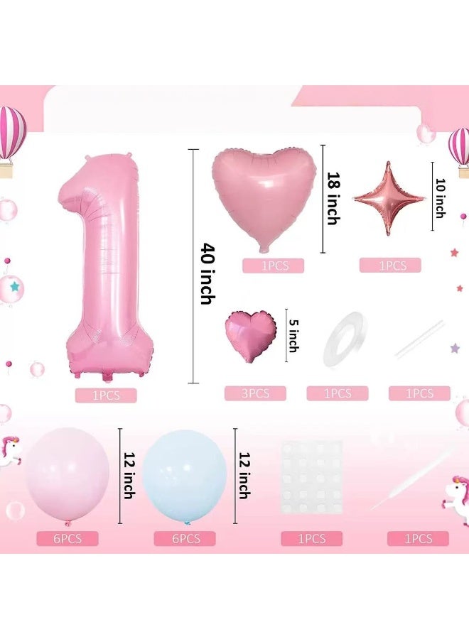 طقم بالونات رقم 1 بطول 40 بوصة – مجموعة أعمدة بالونات باللونين الوردي والأزرق مع بالونات على شكل قلب، زينة حفلات عيد ميلاد للأطفال الأولاد والبنات، خلفية مثالية للصور - Image 3