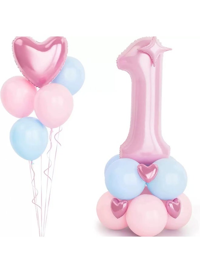 طقم بالونات رقم 1 بطول 40 بوصة – مجموعة أعمدة بالونات باللونين الوردي والأزرق مع بالونات على شكل قلب، زينة حفلات عيد ميلاد للأطفال الأولاد والبنات، خلفية مثالية للصور - Image 1