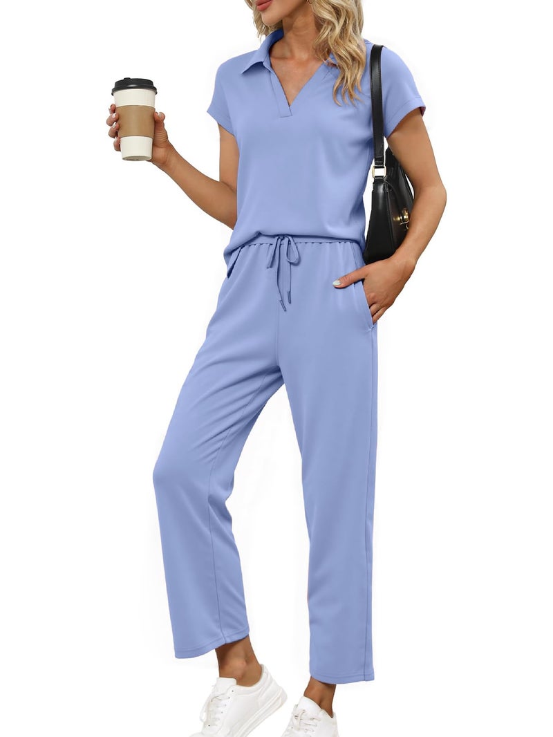 Glamaker Women Two Piece Loose Fit Outfit Summer Comfy Casual Short Sleeve Top Wide Leg Pants Set Travel Vacation Outfit(Blue,X-Large) - Image 1