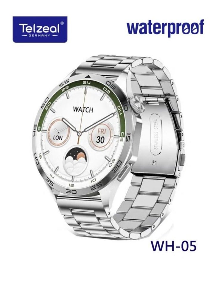Telzeal WH 05 Waterproof Smart Watch With Max Screen 3 Pair Straps and Charging Cable Designed for Men Silver - Image 1