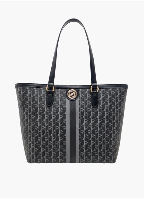 Women's Monogram Print Tote Bag with Double Handle and Zip Closure