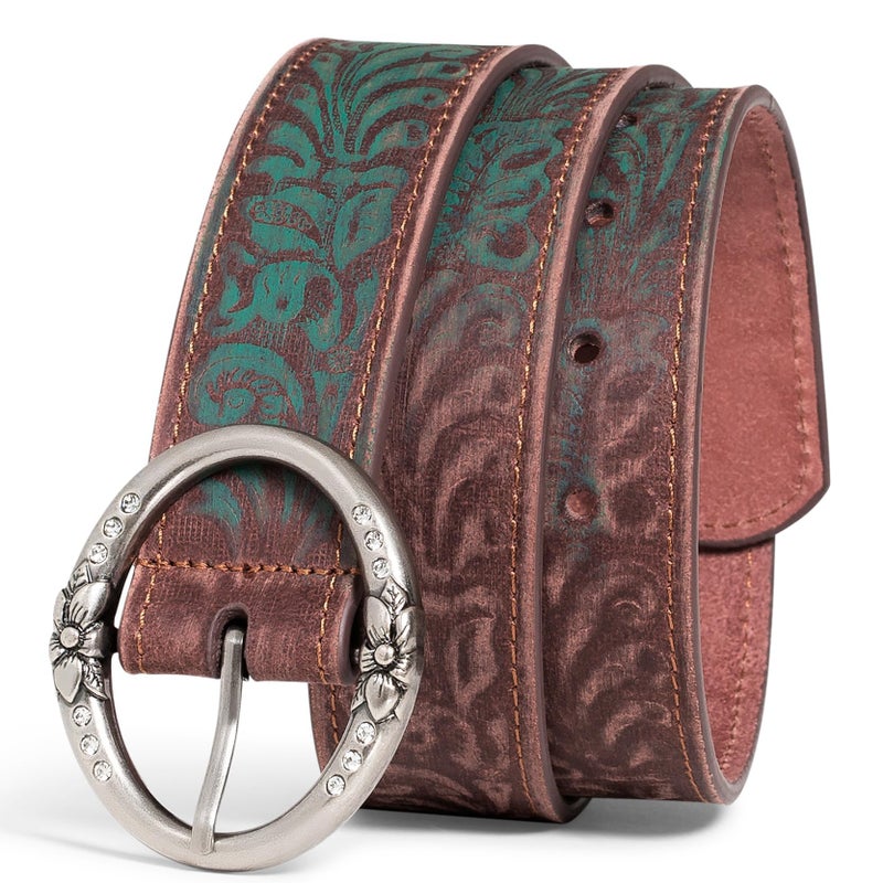 BC Belts Distressed and Embossed Brown Teal Leather Belt with Rhinestone Ring Buckle - Vintage Western Style for Women (M) - Image 4