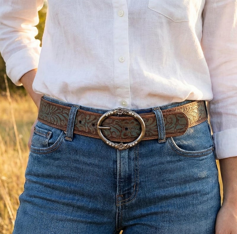 BC Belts Distressed and Embossed Brown Teal Leather Belt with Rhinestone Ring Buckle - Vintage Western Style for Women (M) - Image 2