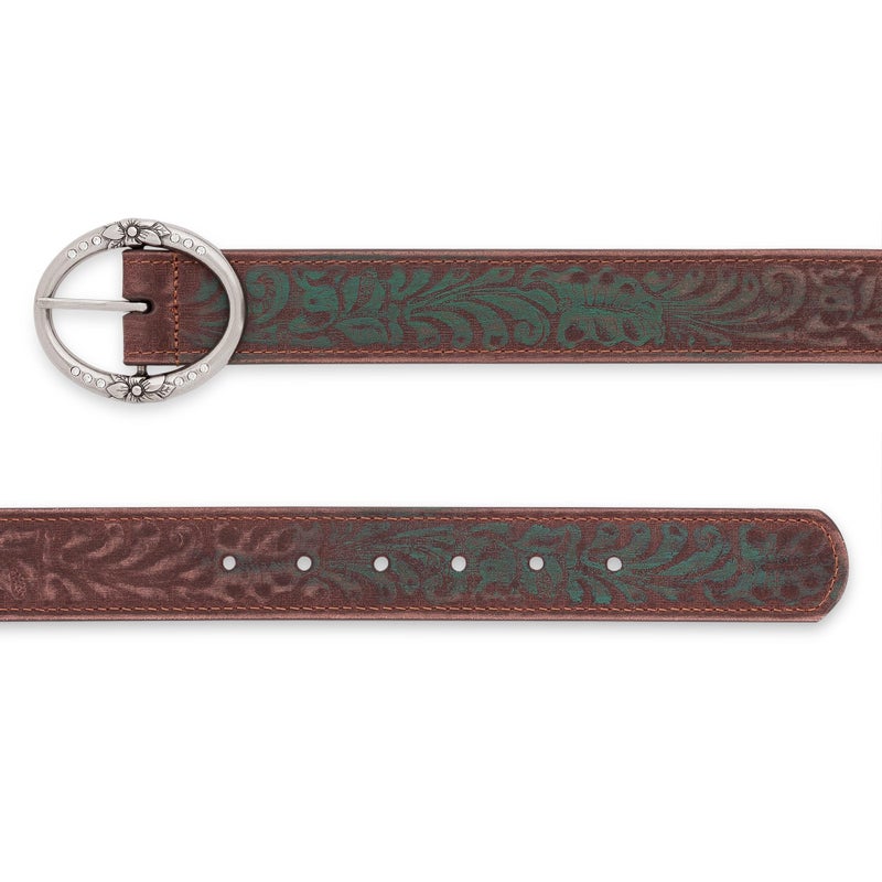 BC Belts Distressed and Embossed Brown Teal Leather Belt with Rhinestone Ring Buckle - Vintage Western Style for Women (M) - Image 3
