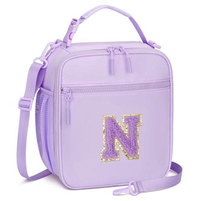 CLOUDWINGS Initial Insulated Lunch Bag for Girls Kids, Back to School Gift, Reusable Leak-proof Lunch Box with Adjustable Strap for School Daycare Travel Picnic (Purple,N)