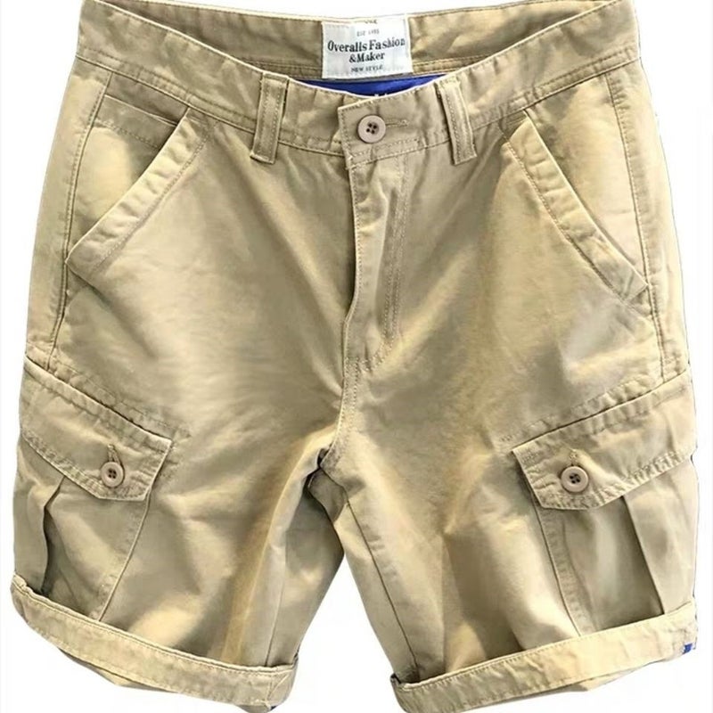 Japanese American style solid color workwear mens fashion brand casual shorts fifth pants multi-pocket overalls trendy mens youth thin Khaki 