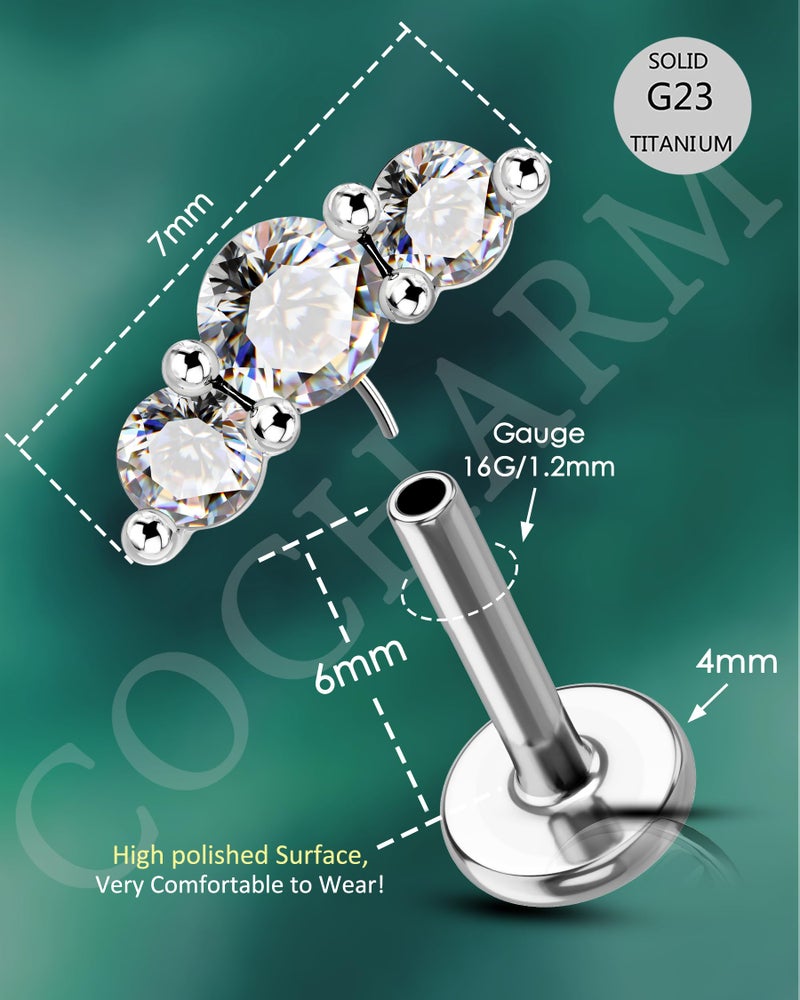 COCHARM G23 Titanium Tragus Helix Cartilage Earring Stud Flat Back 3CZ Surgical Steel Helix Cartilage Piercing Jewelry 16g Threadless Climb Helix Jewelry Push Pin Silver Lobe Stud 6mm Post - Image 3