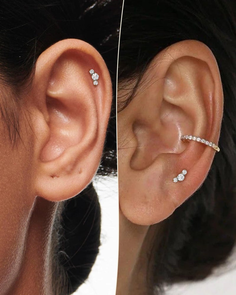 COCHARM G23 Titanium Tragus Helix Cartilage Earring Stud Flat Back 3CZ Surgical Steel Helix Cartilage Piercing Jewelry 16g Threadless Climb Helix Jewelry Push Pin Silver Lobe Stud 6mm Post - Image 2