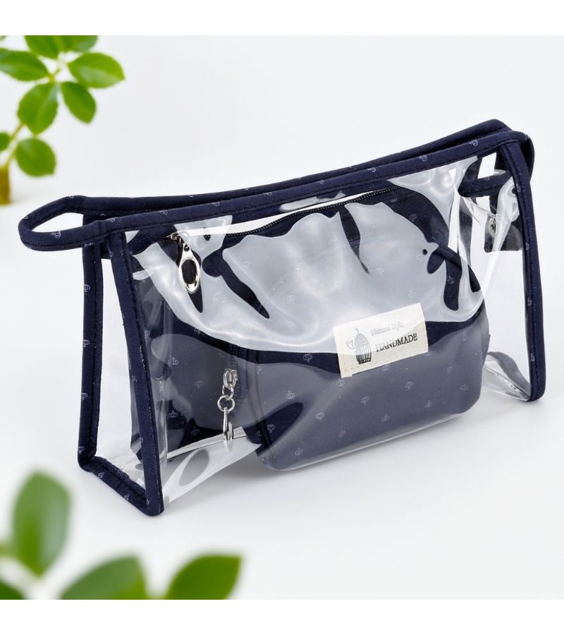 Crown Navy Blue Transparent 3pcs Makeup Bag Set Waterproof Portable Travel Toiletry Pouch Canvas Organizer Multi Functional Compartment Cosmetic Storage - Image 5