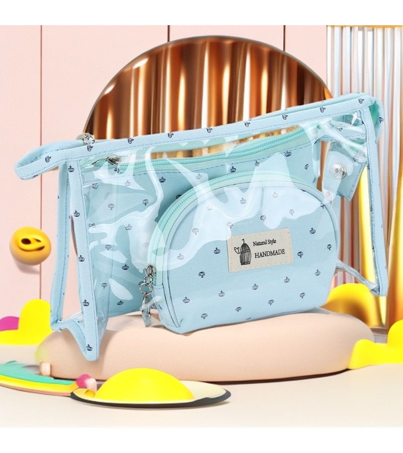 Crown Navy Blue Transparent 3pcs Makeup Bag Set Waterproof Portable Travel Toiletry Pouch Canvas Organizer Multi Functional Compartment Cosmetic Storage - Image 2