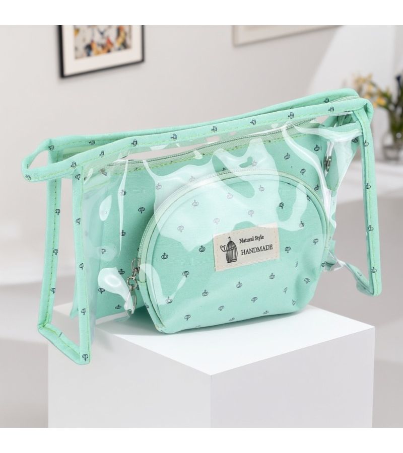 Crown Navy Blue Transparent 3pcs Makeup Bag Set Waterproof Portable Travel Toiletry Pouch Canvas Organizer Multi Functional Compartment Cosmetic Storage - Image 4