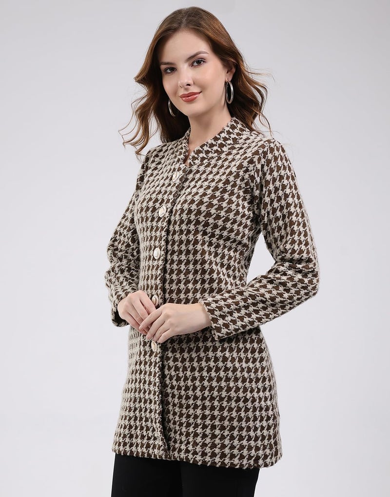 Monte Carlo Men Regular Fit Self Designed Pattern Round Neck Button Closure Full Sleeve Winter Knitted Coat| Warm Woolen Long Sweater for Ladies |Comfortable Winter Wear for Women Coffee Brown XLP1 - Image 2