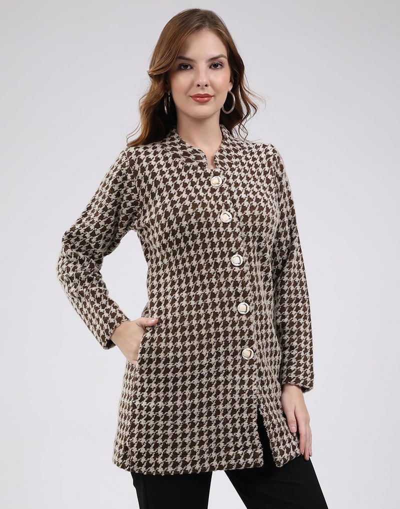 Monte Carlo Men Regular Fit Self Designed Pattern Round Neck Button Closure Full Sleeve Winter Knitted Coat| Warm Woolen Long Sweater for Ladies |Comfortable Winter Wear for Women Coffee Brown XLP1 - Image 3