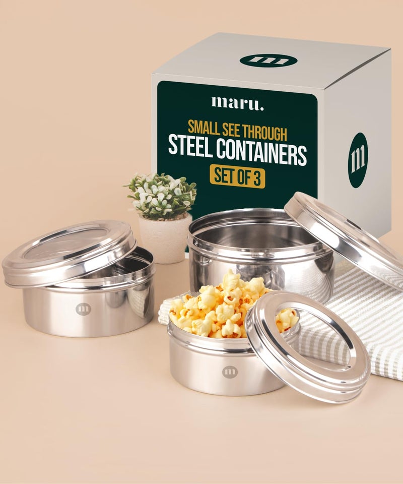 MARU Stainless Steel Dabba Set for Kitchen with Transparent Lids Set of 3 (500ml, 750ml, 950ml), Stackable See-Through Containers for Everyday Use, Ideal for Storing Food, Snacks, Chapati & More - Image 1