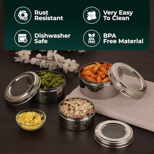 MARU Stainless Steel Dabba Set for Kitchen with Transparent Lids Set of 3 (500ml, 750ml, 950ml), Stackable See-Through Containers for Everyday Use, Ideal for Storing Food, Snacks, Chapati & More - Image 5