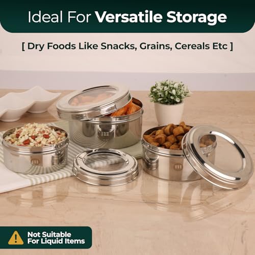 MARU Stainless Steel Dabba Set for Kitchen with Transparent Lids Set of 3 (500ml, 750ml, 950ml), Stackable See-Through Containers for Everyday Use, Ideal for Storing Food, Snacks, Chapati & More - Image 3