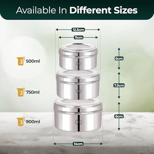 MARU Stainless Steel Dabba Set for Kitchen with Transparent Lids Set of 3 (500ml, 750ml, 950ml), Stackable See-Through Containers for Everyday Use, Ideal for Storing Food, Snacks, Chapati & More - Image 2