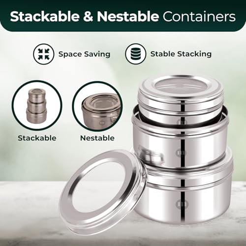 MARU Stainless Steel Dabba Set for Kitchen with Transparent Lids Set of 3 (500ml, 750ml, 950ml), Stackable See-Through Containers for Everyday Use, Ideal for Storing Food, Snacks, Chapati & More - Image 4