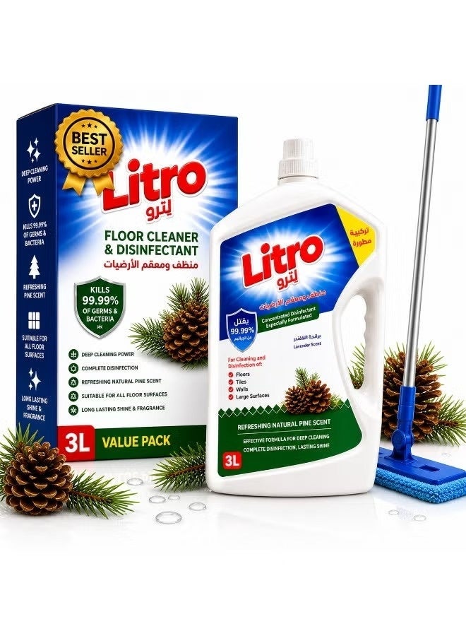 Litro Floor Cleaner and Disinfectant 3 Liters With Refreshing Natural Pine Scent, Effective Formula for Deep Cleaning and Complete Disinfection, Leaving a Lasting Shine and Fragrant Touch - Image 1