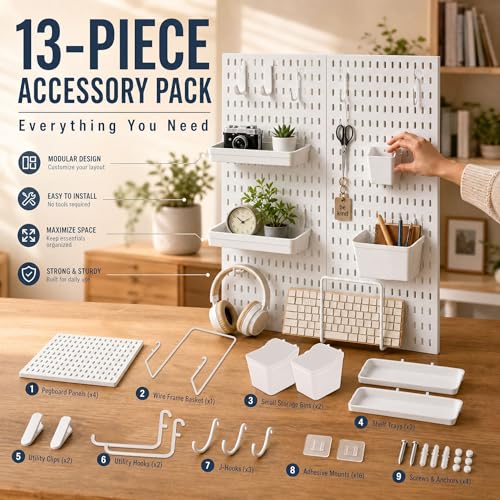 AKTOP Peg Board Wall Organizer 4-Pack – 12"x12" White Pegboard Combination Kit with 13 Accessories for Wall, Plastic Peg Board Panels for Home, Office, Garage Tool Storage & Craft Room - Image 3