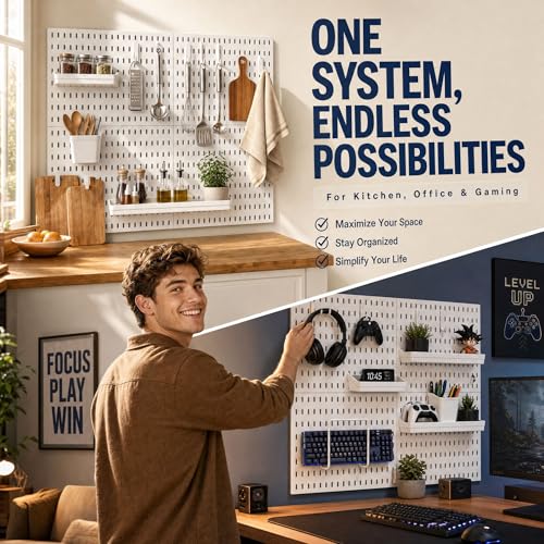 AKTOP Peg Board Wall Organizer 4-Pack – 12"x12" White Pegboard Combination Kit with 13 Accessories for Wall, Plastic Peg Board Panels for Home, Office, Garage Tool Storage & Craft Room - Image 5