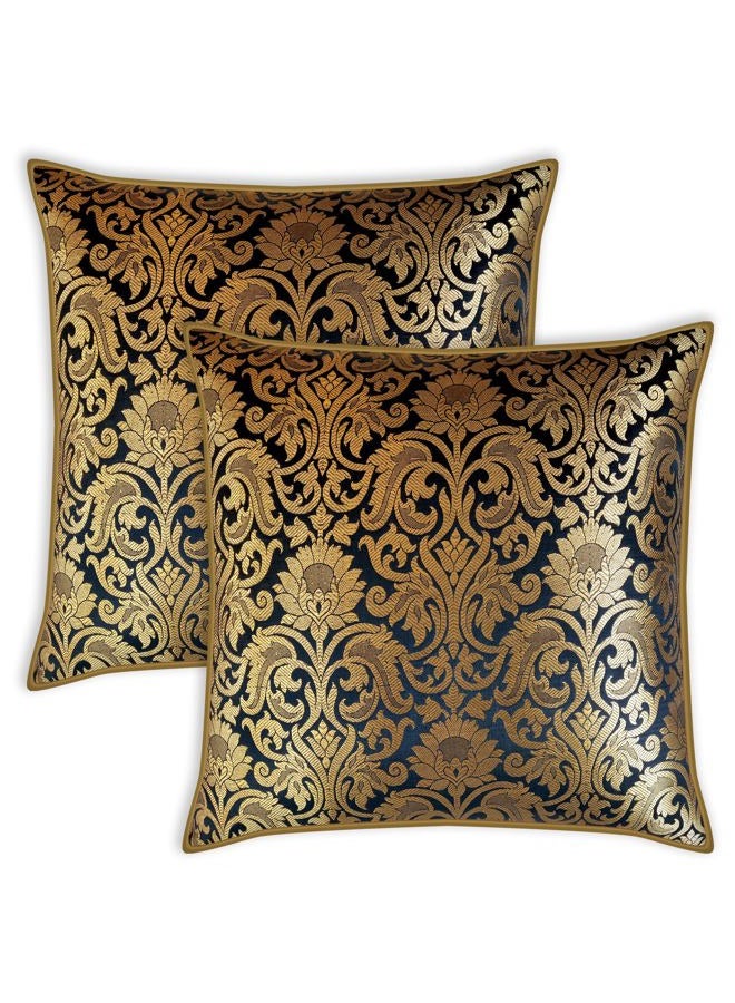 AVKA Studio Throw Pillow Covers - Pack of 2 Floral Brocade Decorative Pillows - Black & Antique Gold 20X20 - Indian Faux Silk Jacquard Cushion Cover - Cover Only - Image 1