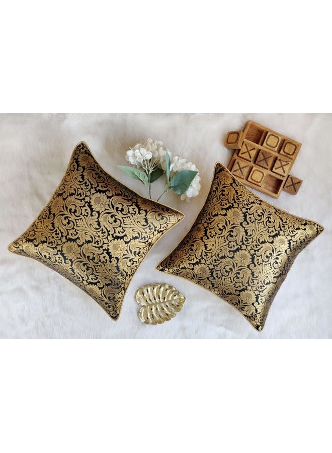 AVKA Studio Throw Pillow Covers - Pack of 2 Floral Brocade Decorative Pillows - Black & Antique Gold 20X20 - Indian Faux Silk Jacquard Cushion Cover - Cover Only - Image 2