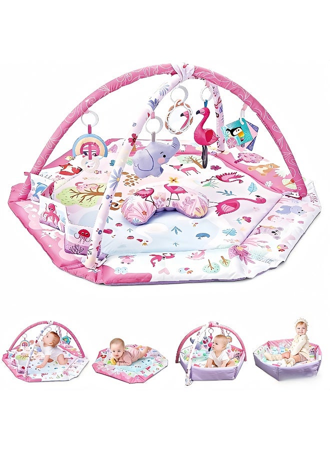 LBMT Baby Play Gym & Activity Mat, 5-in-1 Baby Play Mats with Pillow and 6 Detachable Toys, Washable Baby Activity Mat for Visual, Hearing, Sensory, Motor Development, Babies Sensory Toys Gift for Newborn to Toddler 0-3-6-9-24 Months (Pink) - Image 1