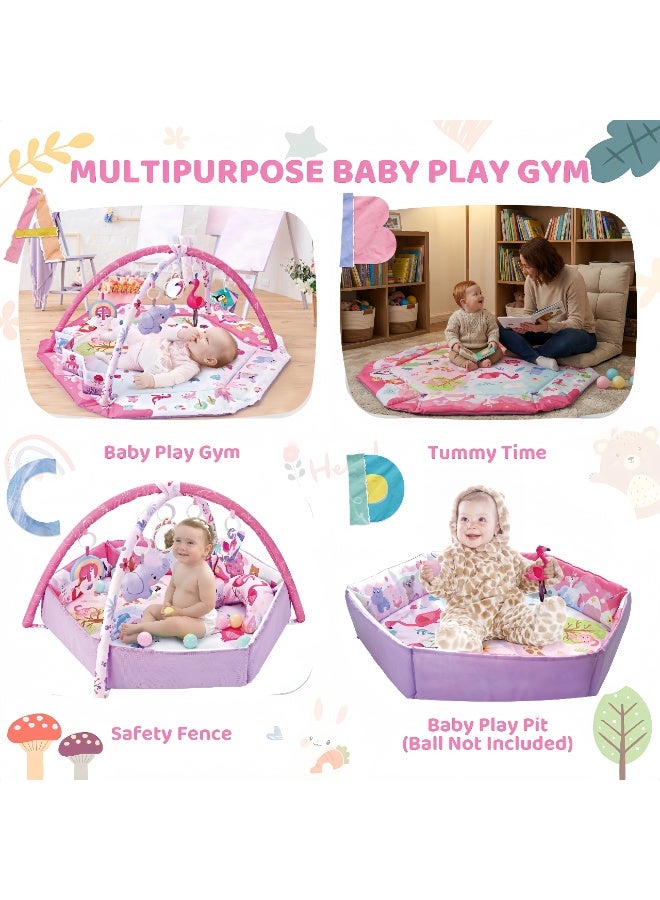 LBMT Baby Play Gym & Activity Mat, 5-in-1 Baby Play Mats with Pillow and 6 Detachable Toys, Washable Baby Activity Mat for Visual, Hearing, Sensory, Motor Development, Babies Sensory Toys Gift for Newborn to Toddler 0-3-6-9-24 Months (Pink) - Image 4