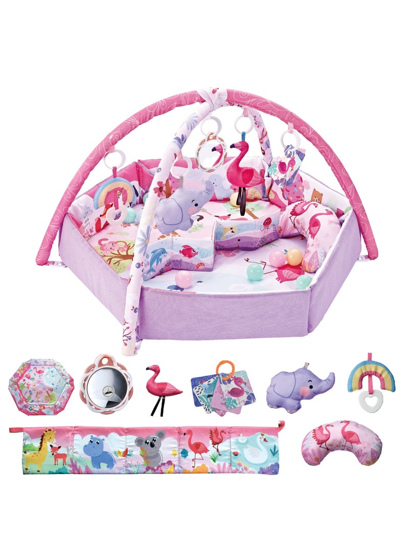 LBMT Baby Play Gym & Activity Mat, 5-in-1 Baby Play Mats with Pillow and 6 Detachable Toys, Washable Baby Activity Mat for Visual, Hearing, Sensory, Motor Development, Babies Sensory Toys Gift for Newborn to Toddler 0-3-6-9-24 Months (Pink) - Image 3