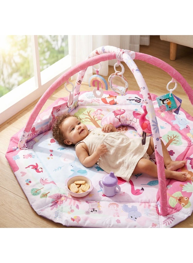 LBMT Baby Play Gym & Activity Mat, 5-in-1 Baby Play Mats with Pillow and 6 Detachable Toys, Washable Baby Activity Mat for Visual, Hearing, Sensory, Motor Development, Babies Sensory Toys Gift for Newborn to Toddler 0-3-6-9-24 Months (Pink) - Image 2