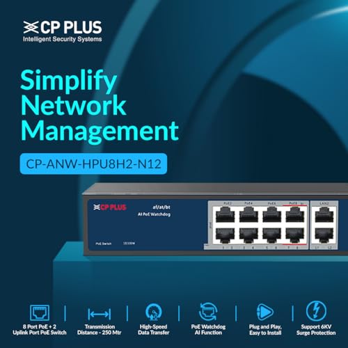 CP PLUS مفتاح CP PLUS 8 منفذ PoE + 2 منفذ Uplink CP-ANW-HPU8H2-N12 مع نقل بيانات عالي ، وظيفة مراقبة PoE الذكية - Image 2