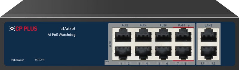 CP PLUS مفتاح CP PLUS 8 منفذ PoE + 2 منفذ Uplink CP-ANW-HPU8H2-N12 مع نقل بيانات عالي ، وظيفة مراقبة PoE الذكية - Image 1