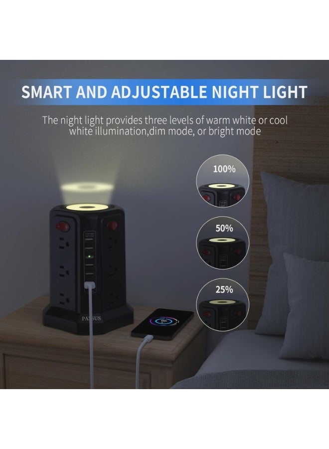 XICEN Surge Protector Power Strip, with 3m Cord 3250W|13A, Extension Tower with 4 USB Ports 1 Type C Port，4 Switch Buttons and Night Light, Outlet Tower with 8 AC Outlets Overload Protection, Power Strips Tower for Home Office - Image 2