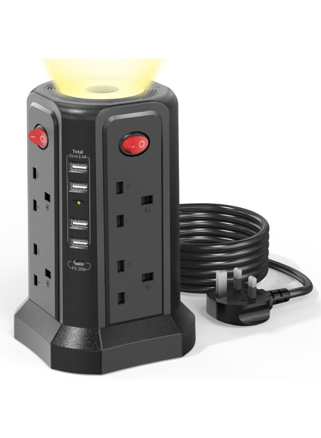 XICEN Surge Protector Power Strip, with 3m Cord 3250W|13A, Extension Tower with 4 USB Ports 1 Type C Port，4 Switch Buttons and Night Light, Outlet Tower with 8 AC Outlets Overload Protection, Power Strips Tower for Home Office - Image 1