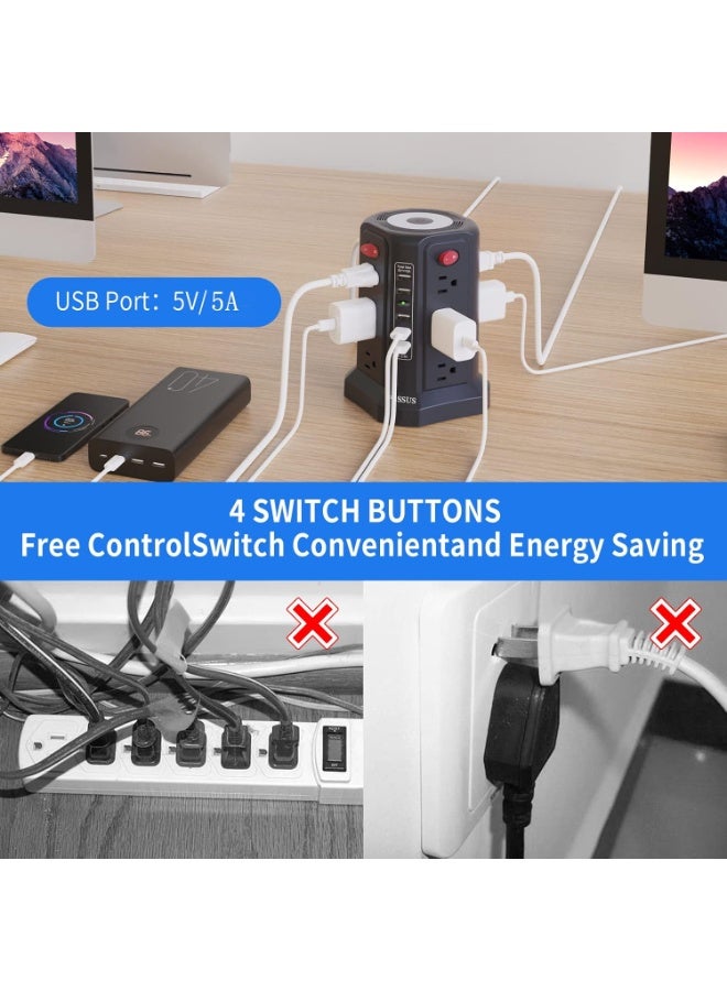 XICEN Surge Protector Power Strip, with 3m Cord 3250W|13A, Extension Tower with 4 USB Ports 1 Type C Port，4 Switch Buttons and Night Light, Outlet Tower with 8 AC Outlets Overload Protection, Power Strips Tower for Home Office - Image 4