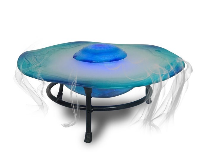 TABLETOP MIST FOUNTAIN WITH 12 COLOR CHANGING LED LIGHTS AND INLINE CONTROL 8 INCH TALL GLASS AND METAL BLUE