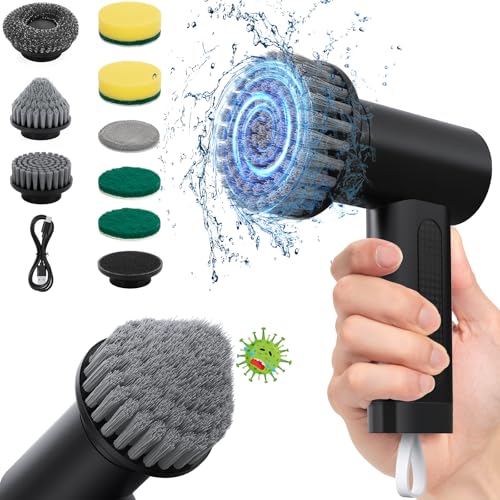 StarVal Electric Spin Scrubber, 3000 mAh Cordless Power Scrubber with 8 Replaceable Heads, Dual Speed Lightweight Handheld Scrubber for Cleaning Stove/Bowl/Sink/Corner/Tile/Grout (Black) - Image 1