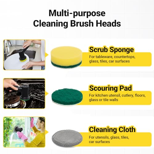 StarVal Electric Spin Scrubber, 3000 mAh Cordless Power Scrubber with 8 Replaceable Heads, Dual Speed Lightweight Handheld Scrubber for Cleaning Stove/Bowl/Sink/Corner/Tile/Grout (Black) - Image 4