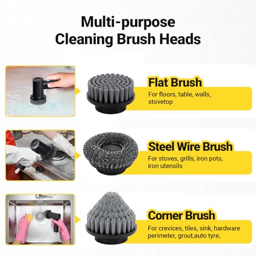 StarVal Electric Spin Scrubber, 3000 mAh Cordless Power Scrubber with 8 Replaceable Heads, Dual Speed Lightweight Handheld Scrubber for Cleaning Stove/Bowl/Sink/Corner/Tile/Grout (Black) - Image 3