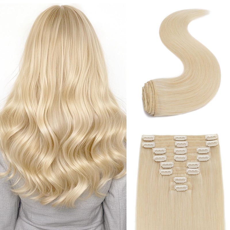Snoilite Hair Extensions Clip in Human Hair 14 Inch Clip in Hair Extensions Bleach White Hair Extensions Real Human Hair 8PCS 120G Remy Hair Clip in Extensions Double Weft 70