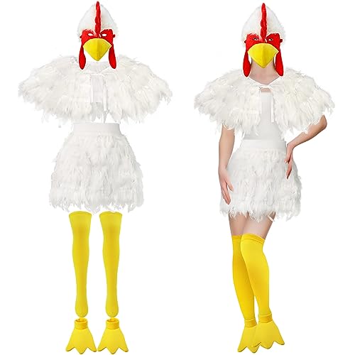 Liitrsh 5 Pcs Halloween Chicken Costume Women Adult Rooster Hat Feather Cape Skirt Outfits Accessory Kit(White,M) - Image 3