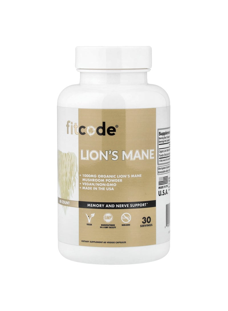 fitcode Lion's Mane, 60 Veggie Capsules (500 mg per Capsule)
