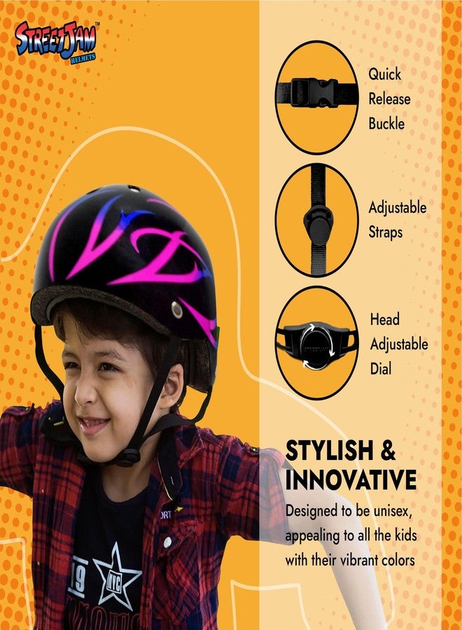STREETJAM Open Face Helmet for Kids, Hard PP Outer Shell, EPS Inner Comfort Linner case, Adjustable Strap & Size Adjuster Dial, Unisex Kids Helmet (Styke - Black/Magenta/Blue, 8-13 Years) - Image 3