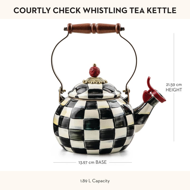 mackenzie childs MACKENZIE-CHILDS Enamel Whistling Tea Kettle, Decorative Teapot, Black-and-White Courtly Check  - Image 4