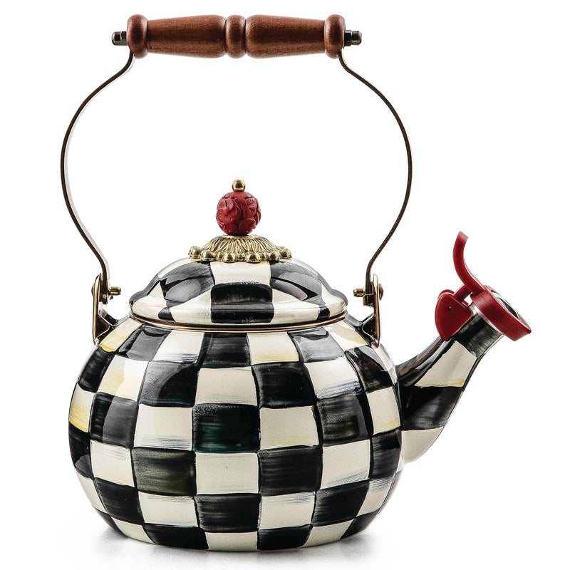 mackenzie childs MACKENZIE-CHILDS Enamel Whistling Tea Kettle, Decorative Teapot, Black-and-White Courtly Check  - Image 1