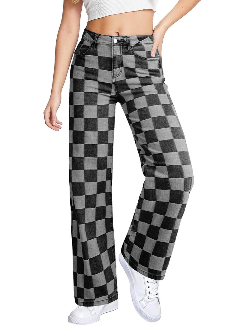 Sidefeel Jeans for Women Trendy High Waisted Wide Leg Stretchy Checkered Straight Leg Loose Denim Pants Black Size 12 - Image 1